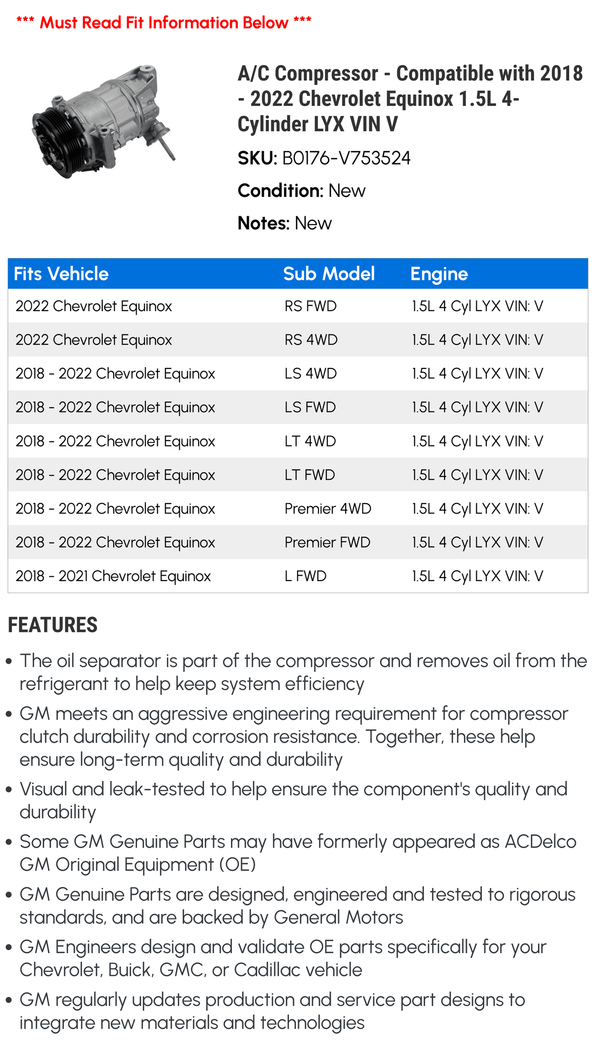 A/C Compressor for 2018-2022 Chevy Equinox 1.5L 4-Cylinder T923837