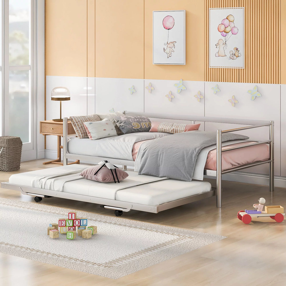 Twin Size Metal Daybed with Adjustable Trundle S70711
