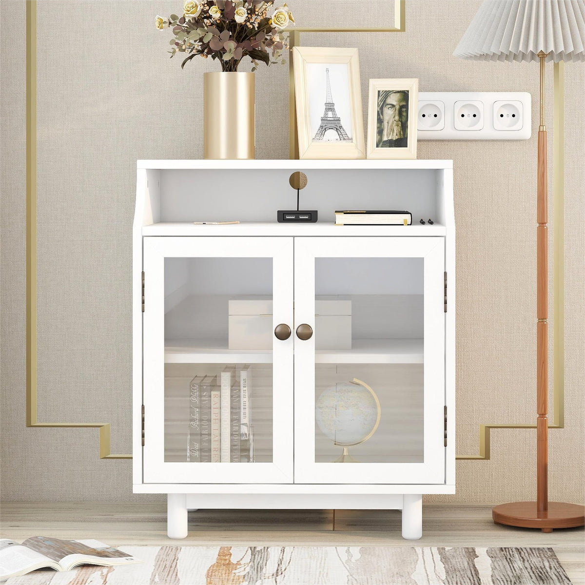 White Nightstand with Storage Shelves and Charging Station B42428