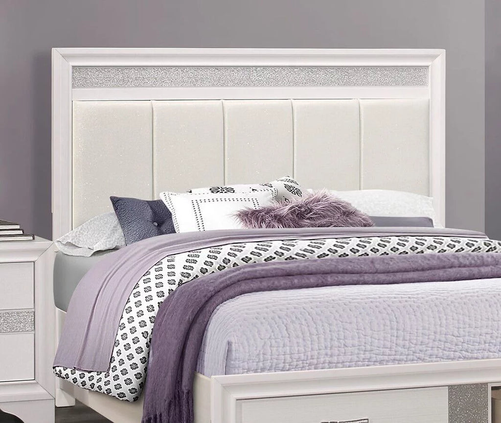 White and Silver Glitter Queen Platform Bed with Storage Drawers R904