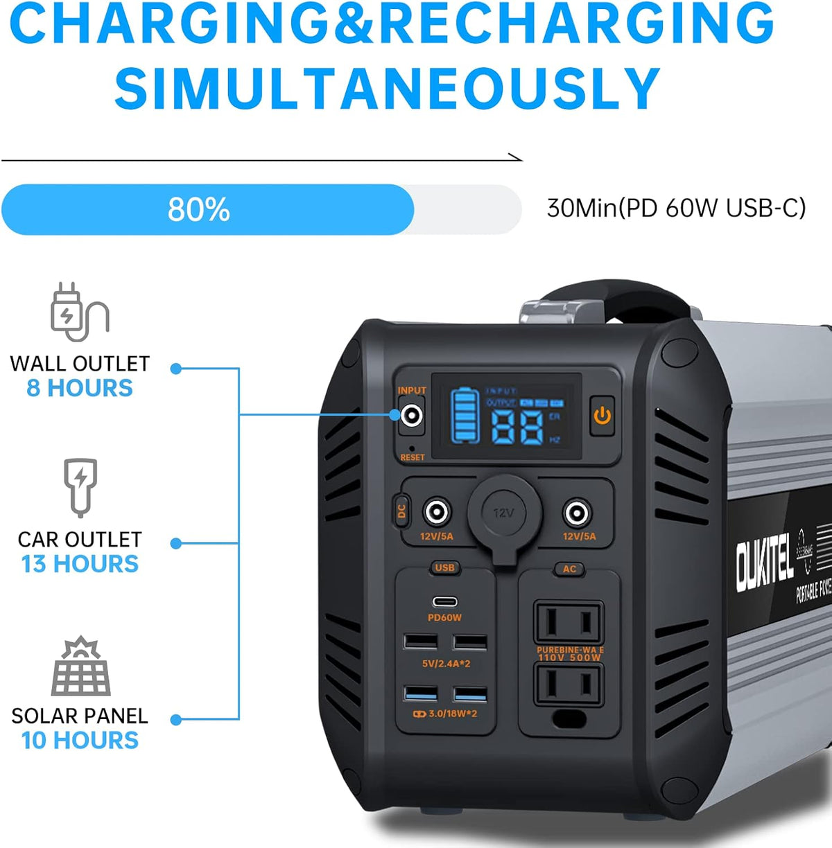 614Wh LiFePO4 Power Station with PD 60W USB-C, 110V Pure Sine Wave AC Outlets K752319