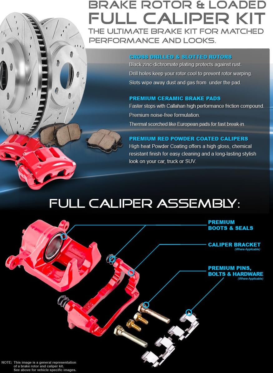 Powder Coated Red Calipers Rotors Ceramic Pads Kit W5111