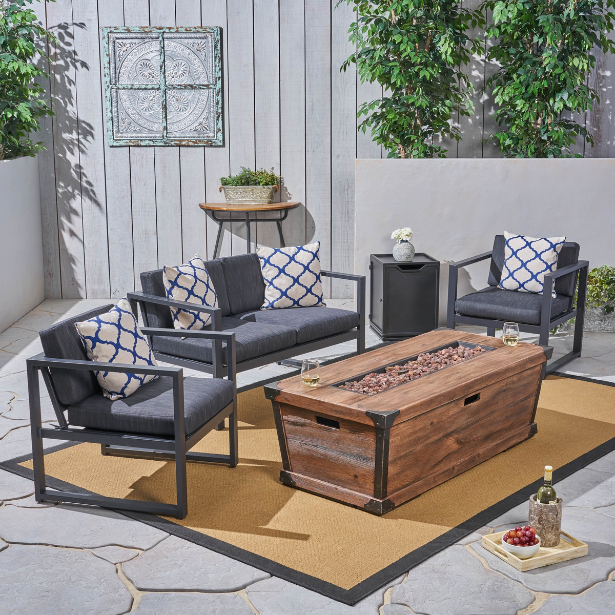 5 Piece Aluminum Chat Set with Cushions and Fire Pit R531115