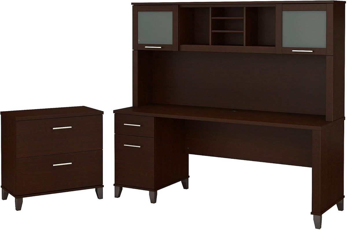 72W Hansen Cherry Office Desk with Hutch and Lateral File Cabinet I12277