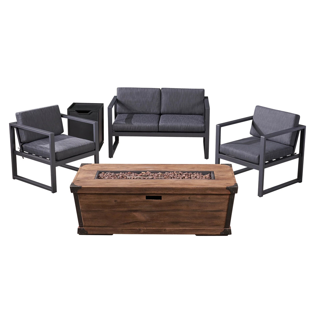 5 Piece Aluminum Chat Set with Cushions and Fire Pit R531115