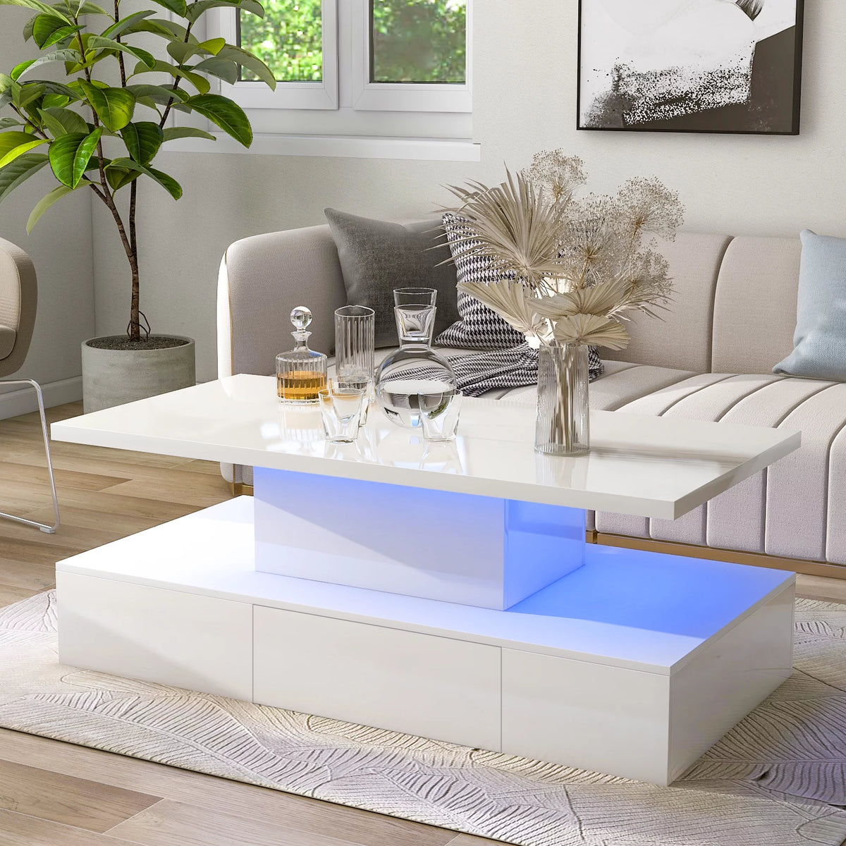 39.3" Coffee Table with Drawer, 2-Tier Rectangle LED White High Gloss X694