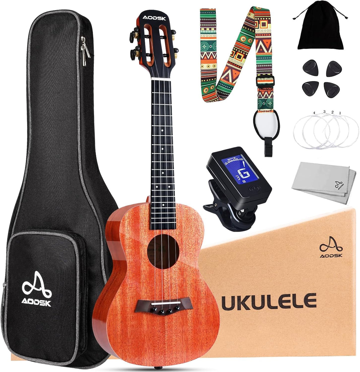 Solid Mahogany 23 Inch Concert Ukulele Starter Bundle Kit with Gig Bag Strap I712