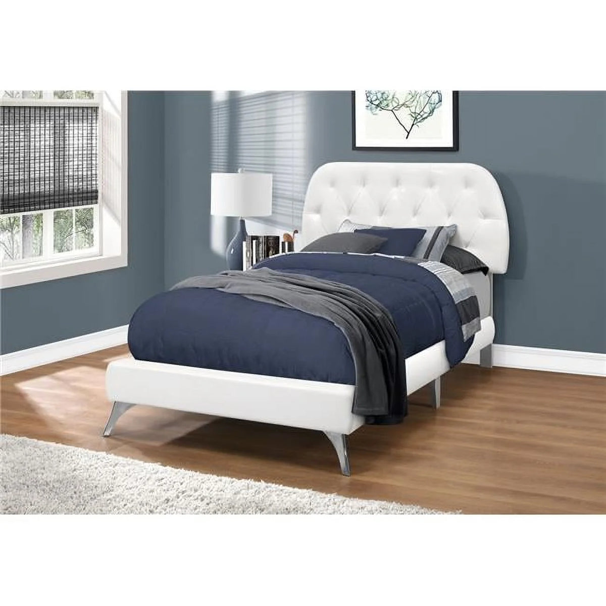 White Leather-Look Twin Size Bed with Chrome Legs T19057