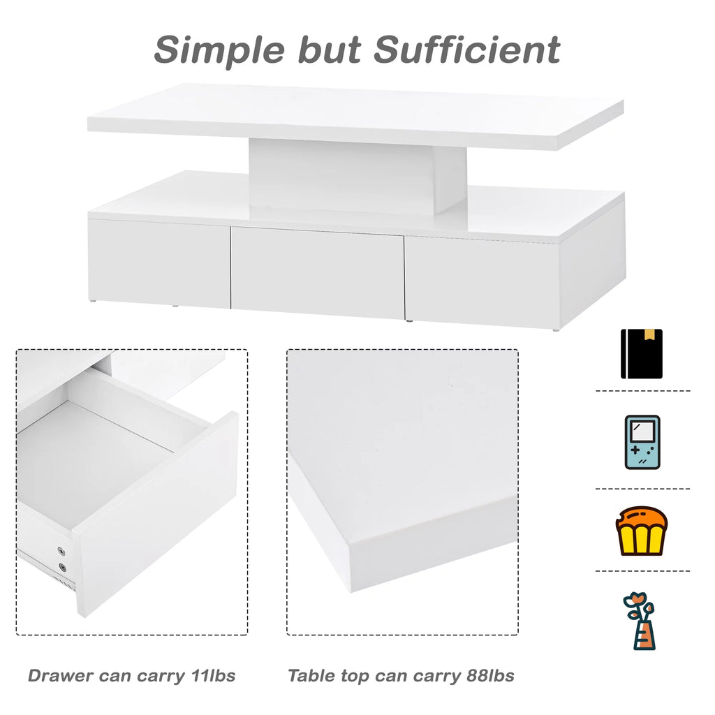 39.3" Coffee Table with Drawer, 2-Tier Rectangle LED White High Gloss X694