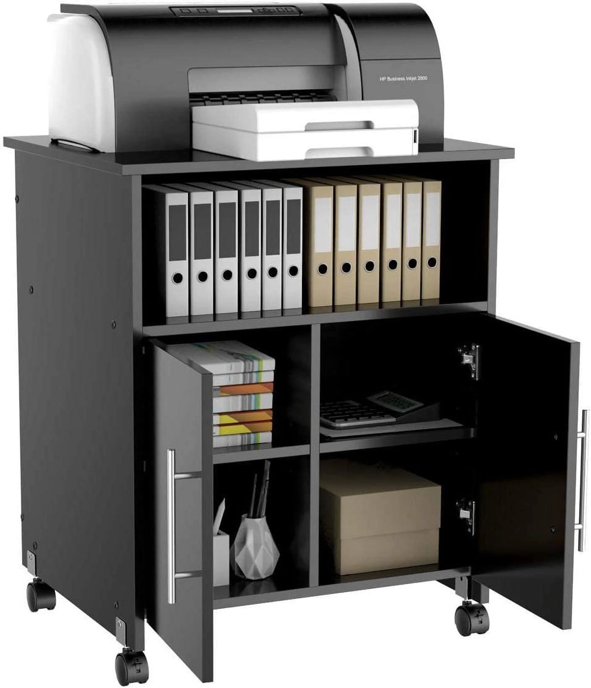 Black Rolling Wood File Cabinet with Open Storage Shelves Y5620