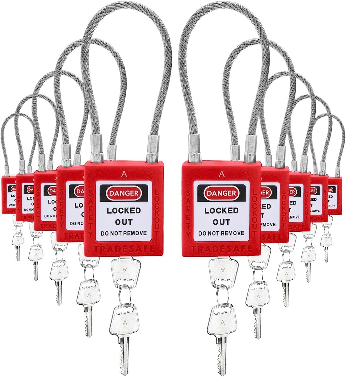 Steel Cable Lockout Padlock Set, Red, 2 Keys per Lock, Pack of 2 P457