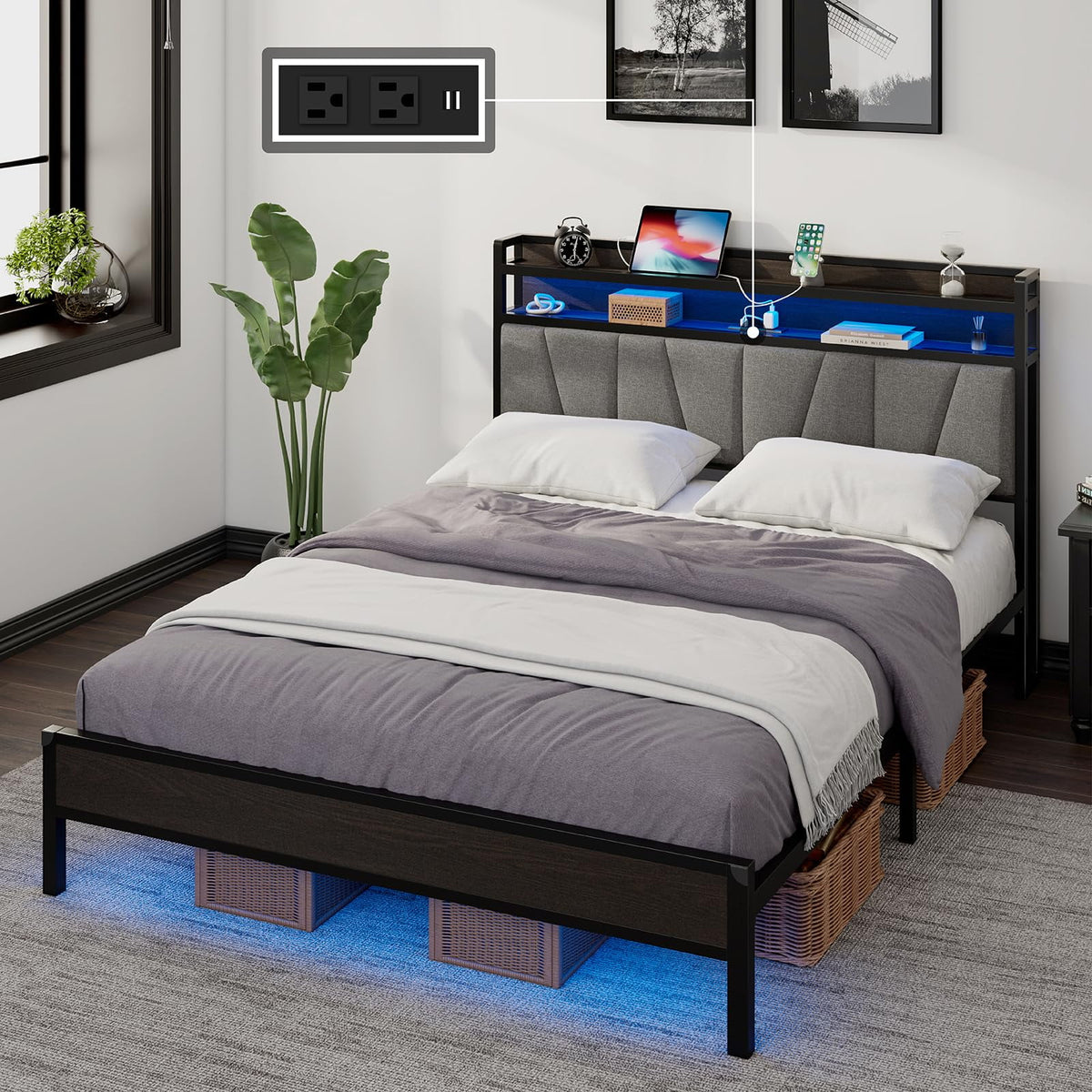 Queen Size LED Bed Frame with Charging Station N674