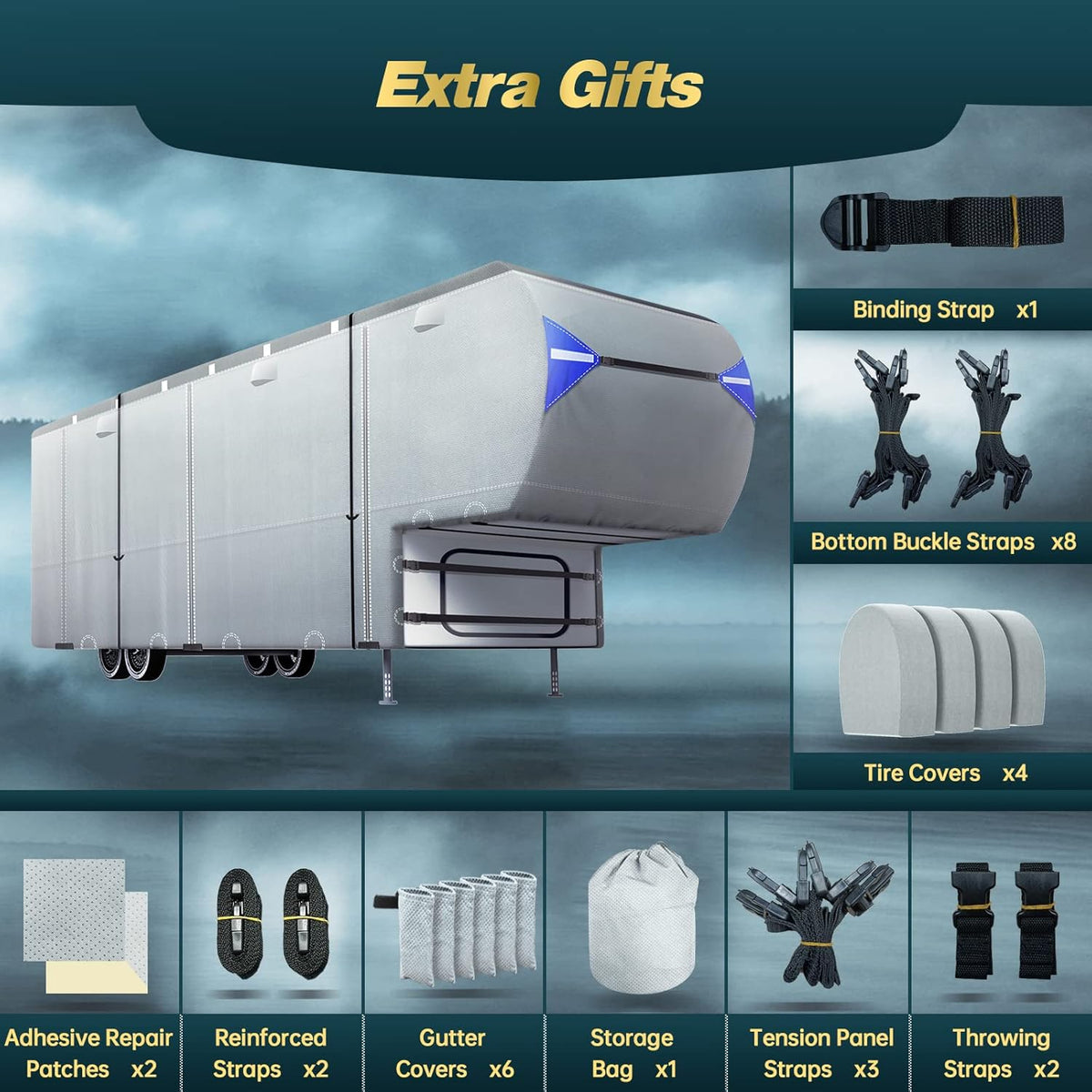 Waterproof Ripstop 5th Wheel RV Cover with Tire Covers I38835