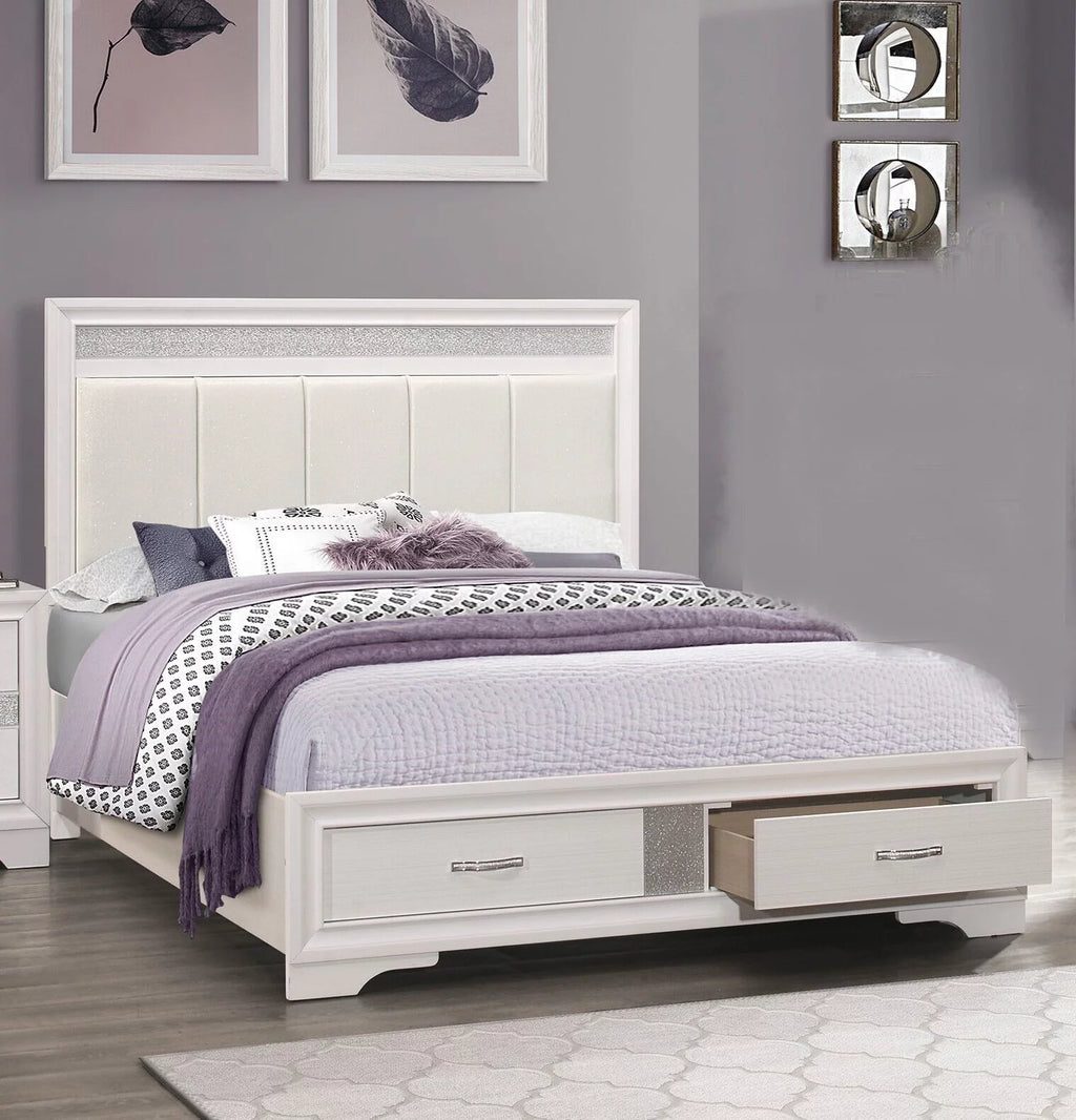White and Silver Glitter Queen Platform Bed with Storage Drawers R904