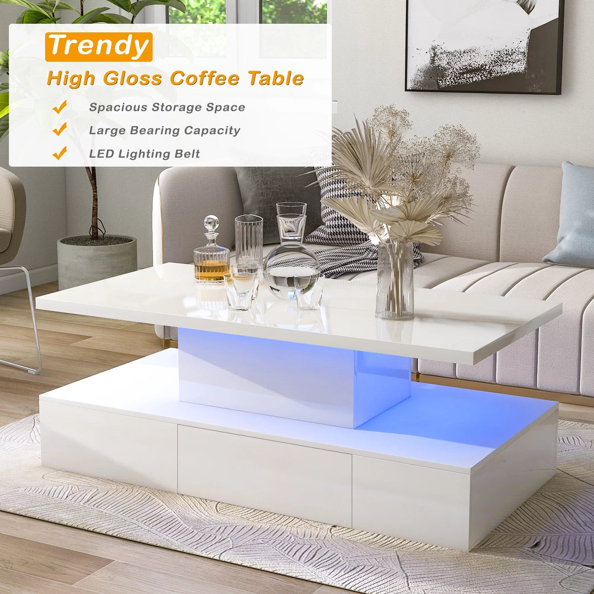 39.3" Coffee Table with Drawer, 2-Tier Rectangle LED White High Gloss X694