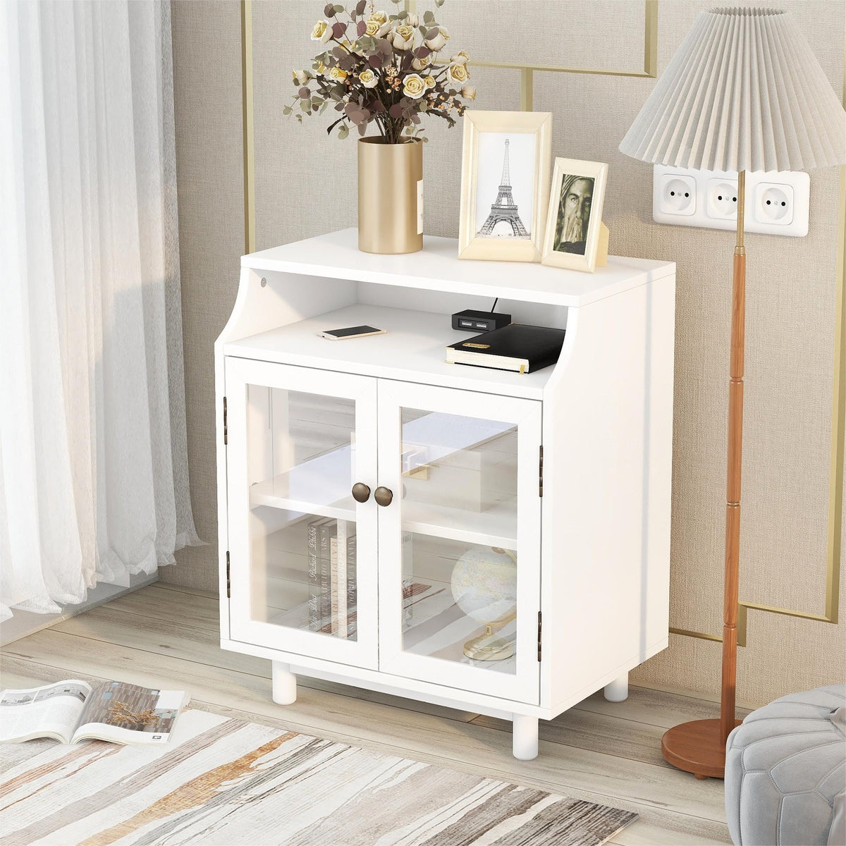White Nightstand with Storage Shelves and Charging Station B42428