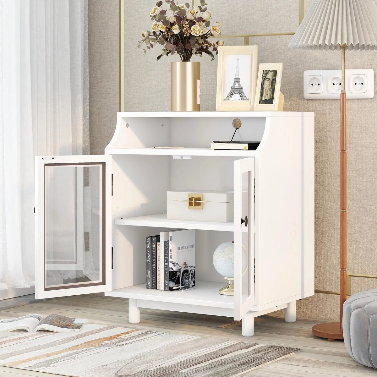 White Nightstand with Storage Shelves and Charging Station B42428