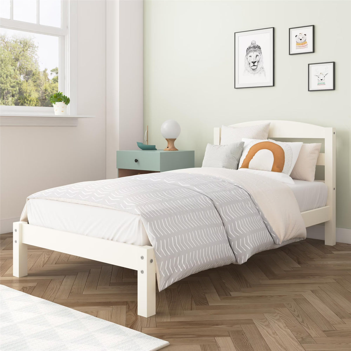 Off-White Wood Twin Size Platform Bed Frame J838