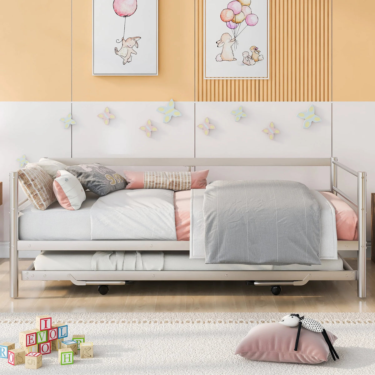 Twin Size Metal Daybed with Adjustable Trundle S70711