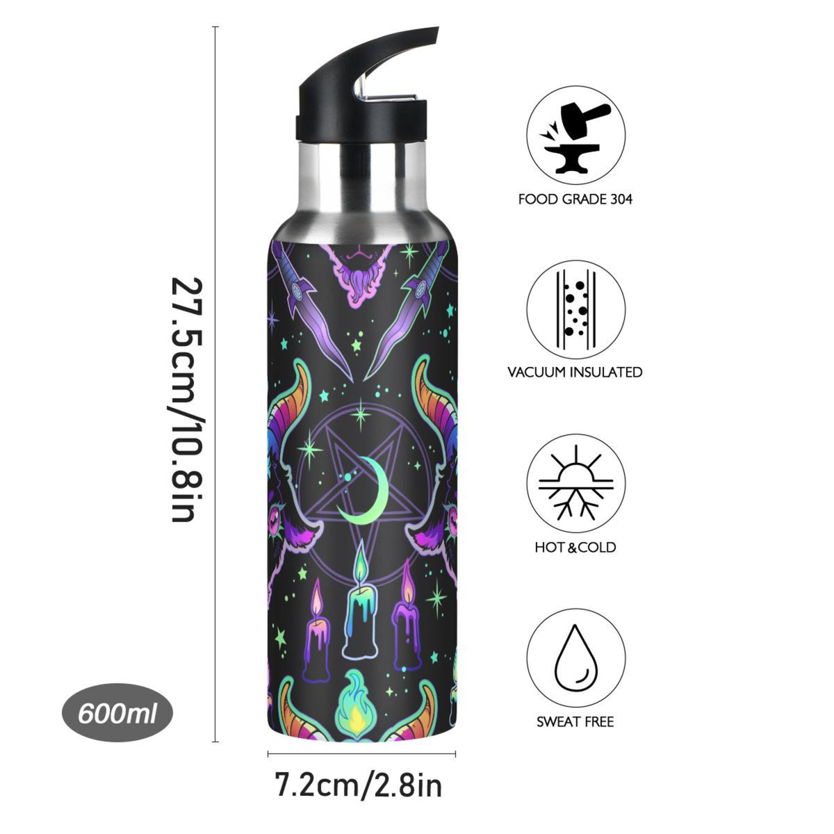 Cartoon Devil Insulated Stainless Steel Water Bottle with Straw Lid Flask, 20 oz X7661