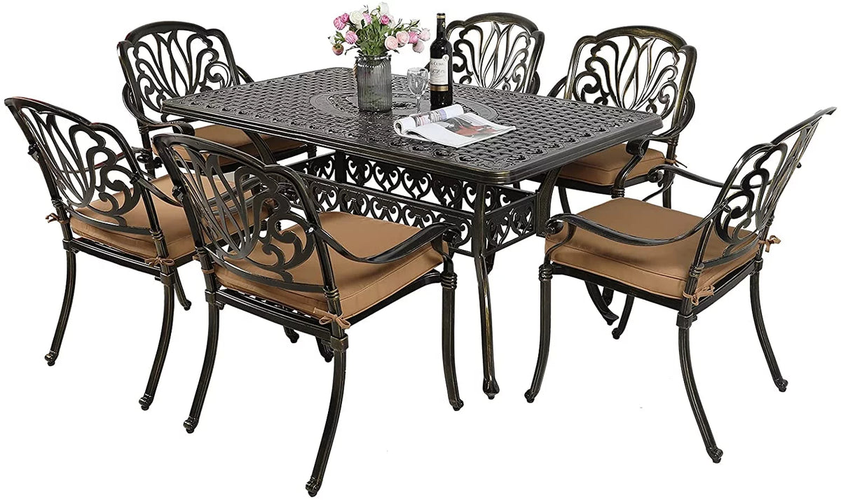 7 Piece Cast Aluminum Outdoor Dining Set with Cushioned Chairs O72446